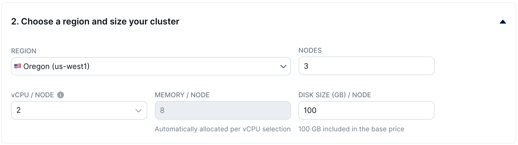 Add Cluster Wizard - Region and size