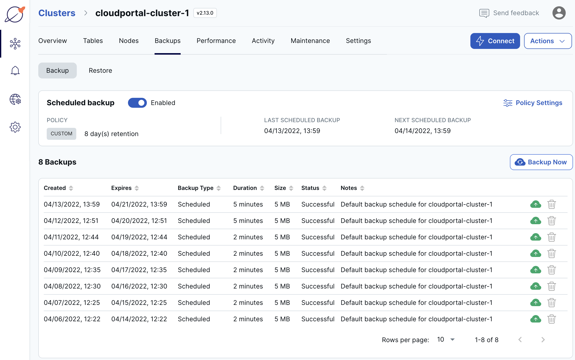 Cluster Backups page